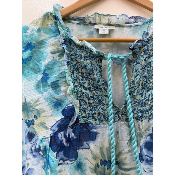 Sundance Floral Dress Sz M Teal Blue Tiered Tassel Tie Cotton Boho Loose Fit - Picture 3 of 8